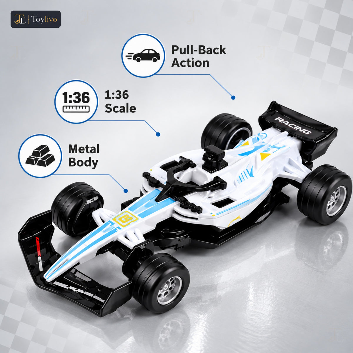 1:36 die-cast formula racing car model – white – Key features
