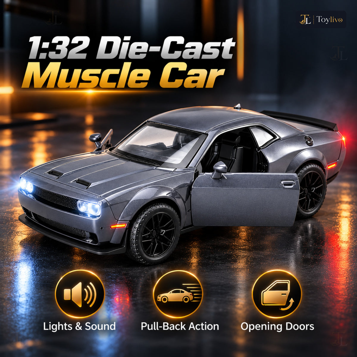 1:32 die-cast muscle coupé model – grey – Benefits