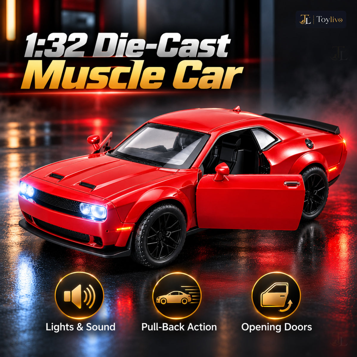 1:32 die-cast muscle coupé model – red – Benefits