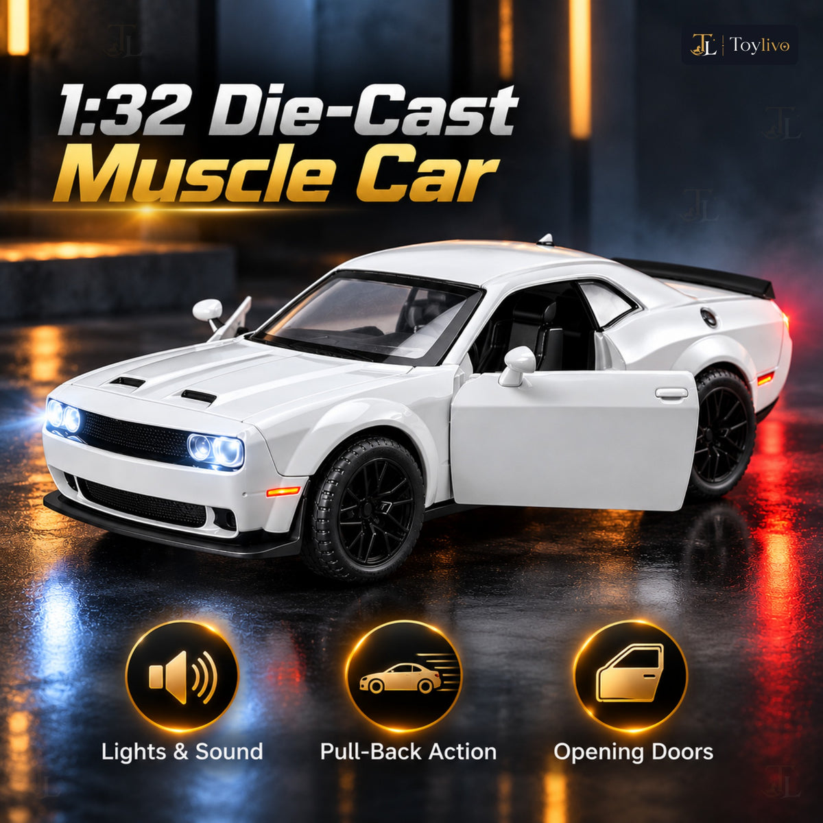 1:32 die-cast muscle coupé model – white – Benefits
