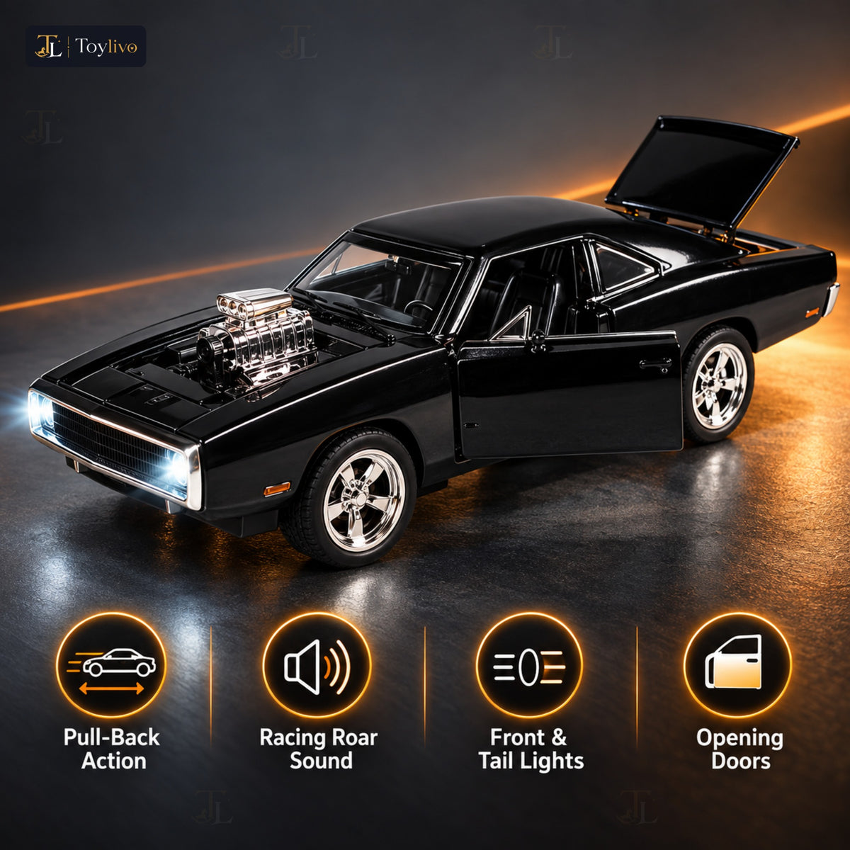 1:32 die-cast classic muscle car model – black – Key features