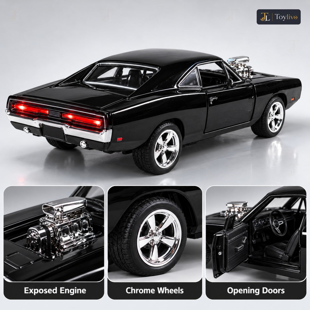 1:32 die-cast classic muscle car model – black – Details and close-ups