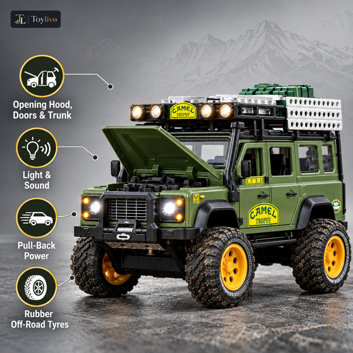 1:24 die-cast off-road expedition vehicle – green – Key features