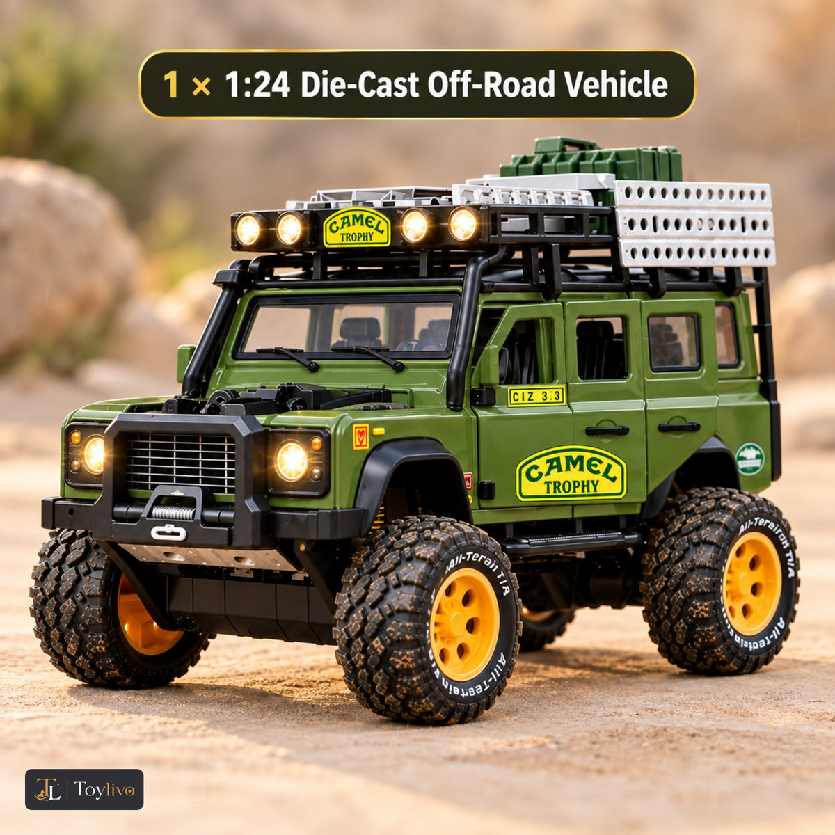 1:24 die-cast off-road expedition vehicle – green – Size / what is included