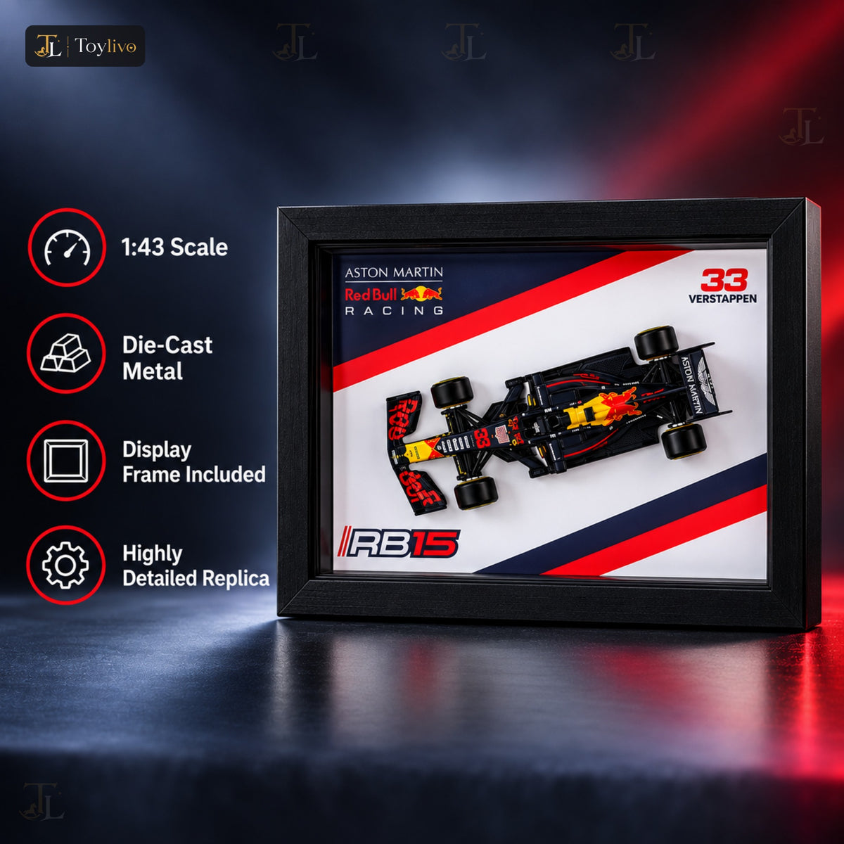 1:43 die-cast F1 car model with display frame – features