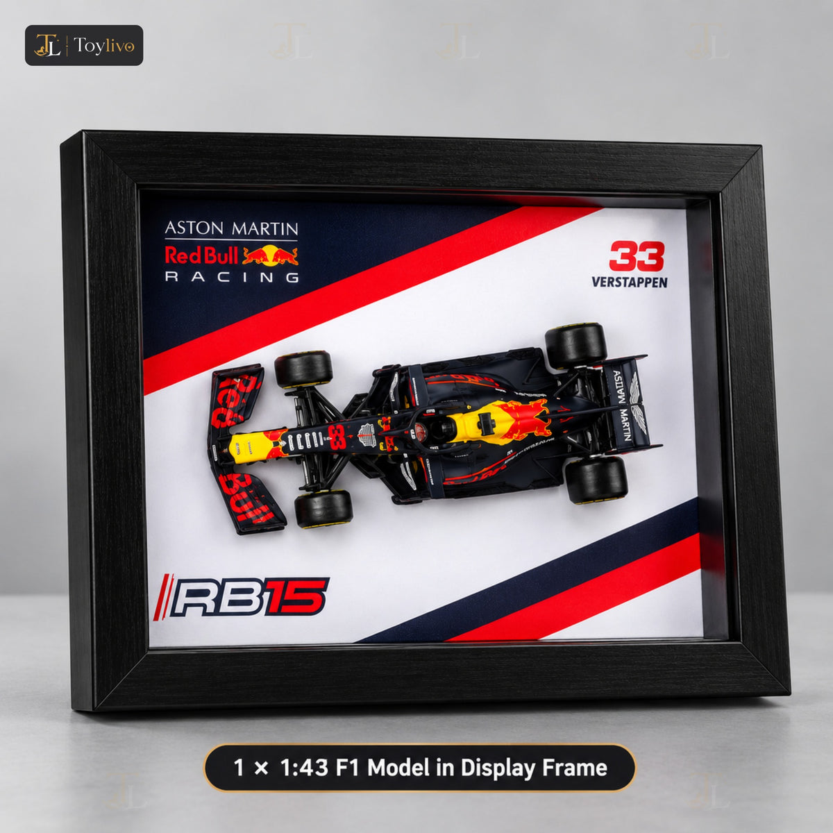 1:43 die-cast F1 car model with display frame – features