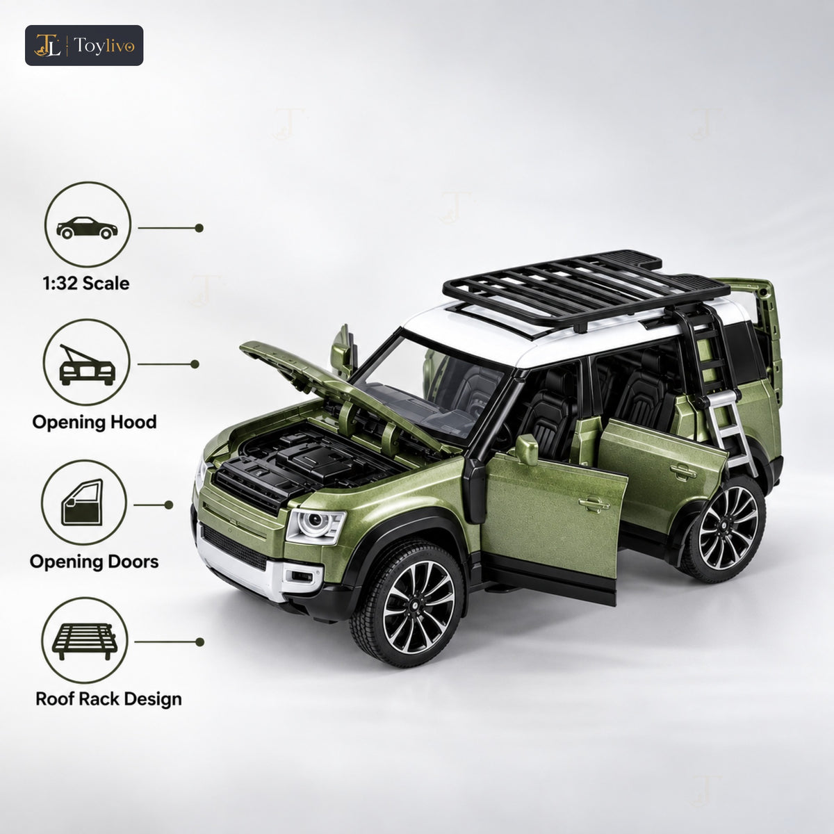 1:32 die-cast off-road SUV model – green – Key features