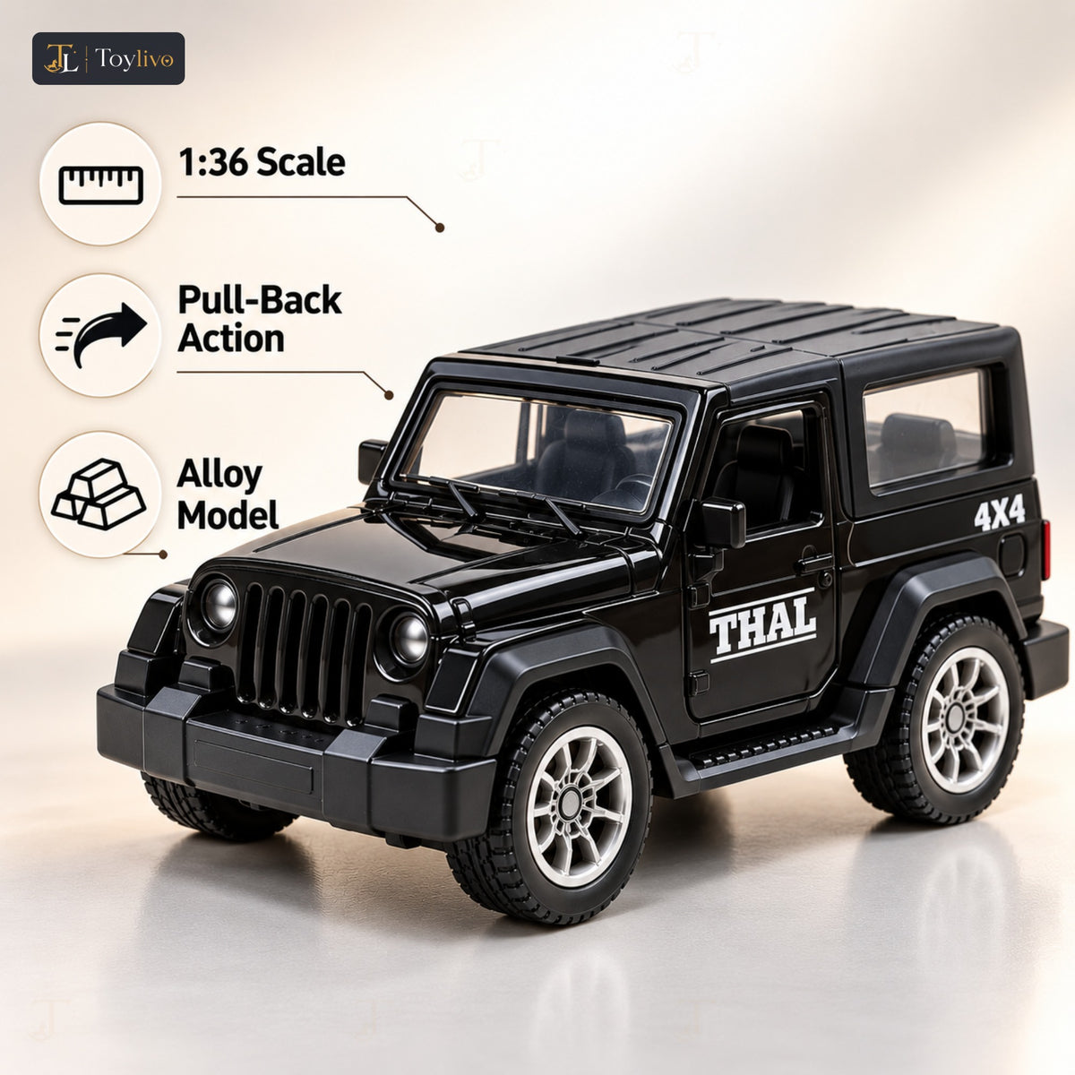 1:36 die-cast pull-back off-road model – black – Key features
