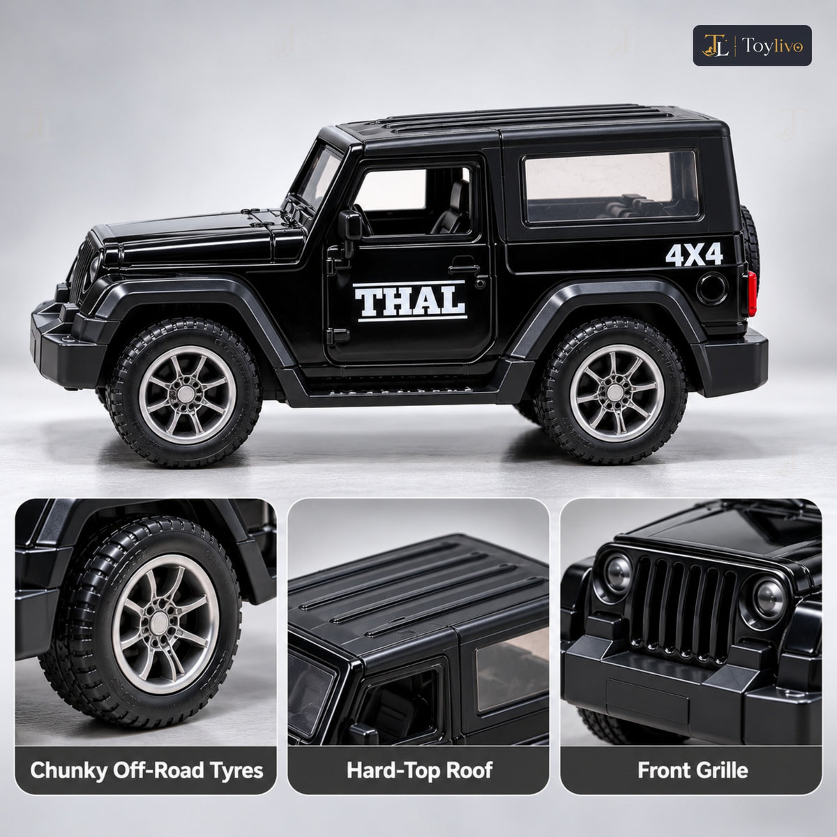 1:36 die-cast pull-back off-road model – black – Details and close-ups