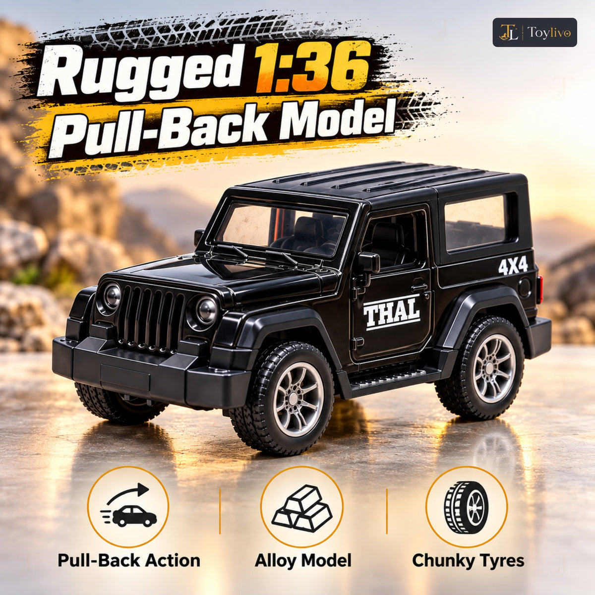 1:36 die-cast pull-back off-road model – black – Benefits