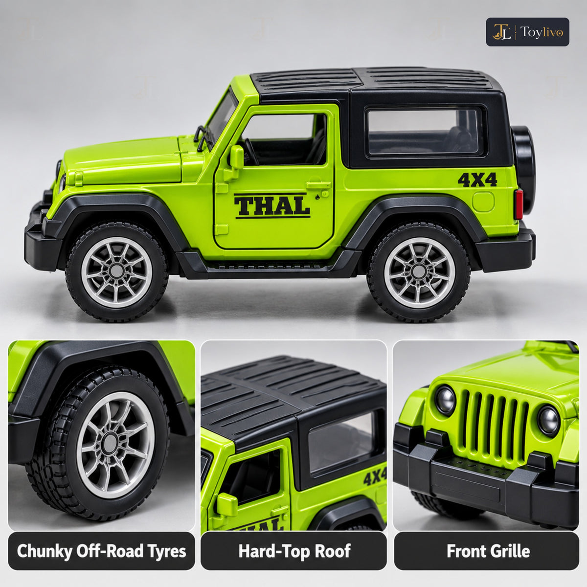 1:36 die-cast pull-back off-road model – green – Details and close-ups