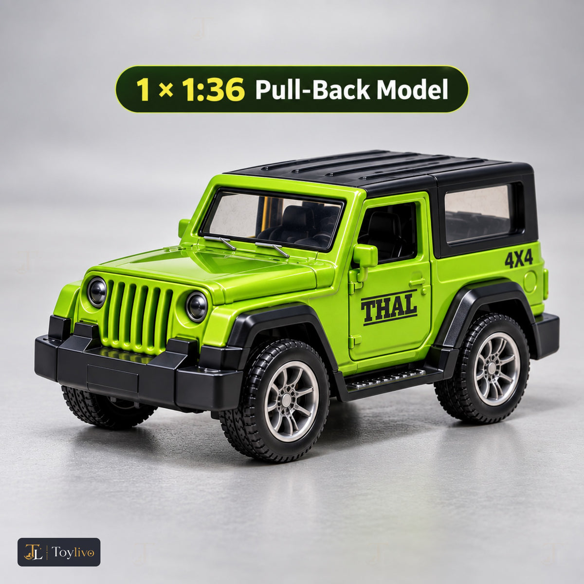 1:36 die-cast pull-back off-road model – green – Size / what is included