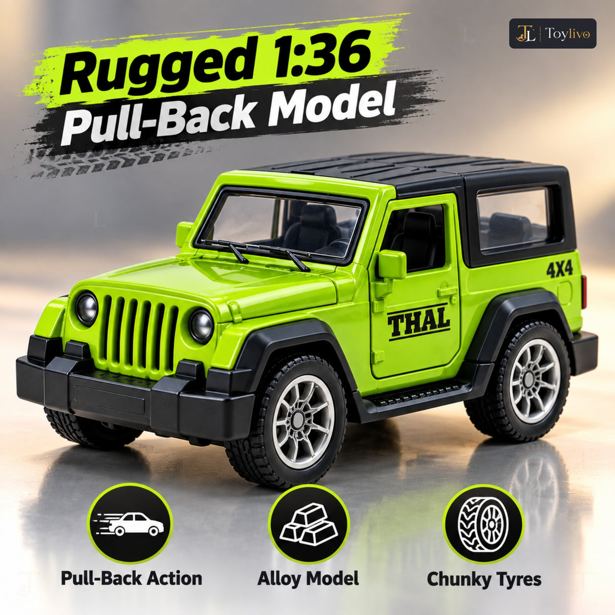 1:36 die-cast pull-back off-road model – green – Benefits