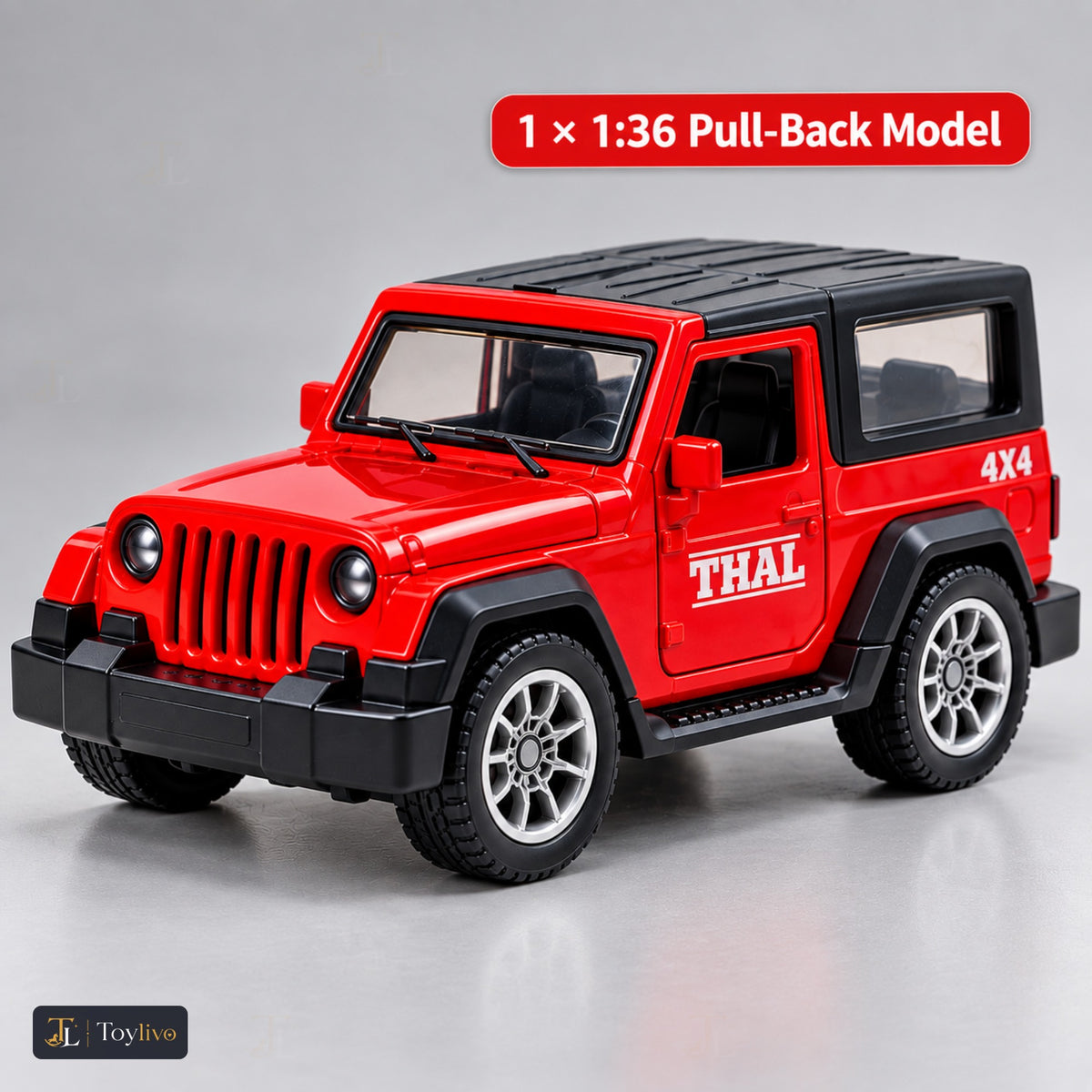1:36 die-cast pull-back off-road model – red – Size / what is included