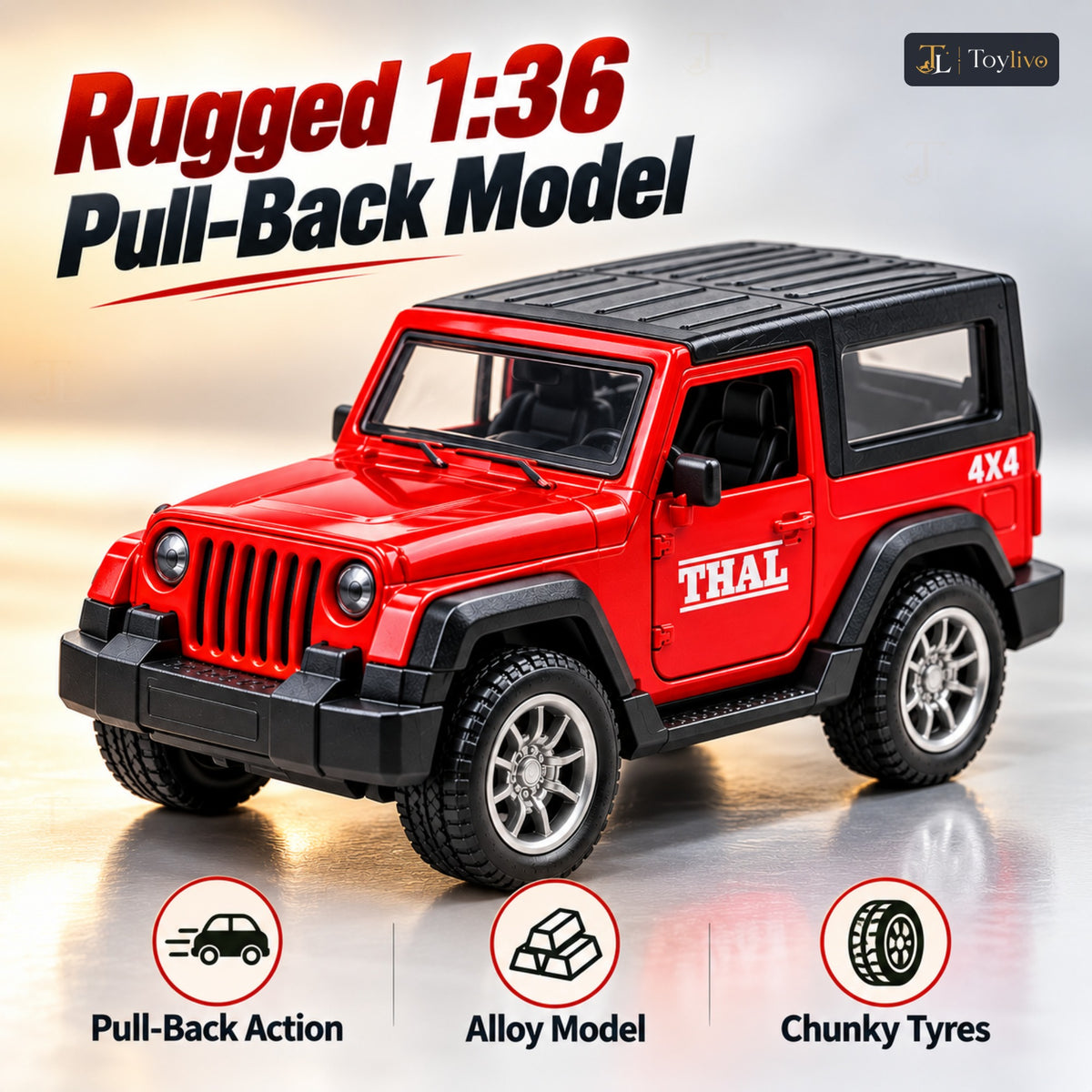 1:36 die-cast pull-back off-road model – red – Benefits