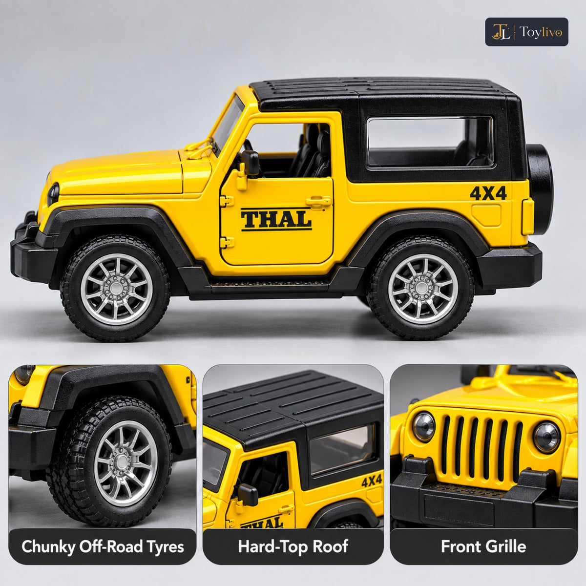 1:36 die-cast pull-back off-road model – yellow – Details and close-ups
