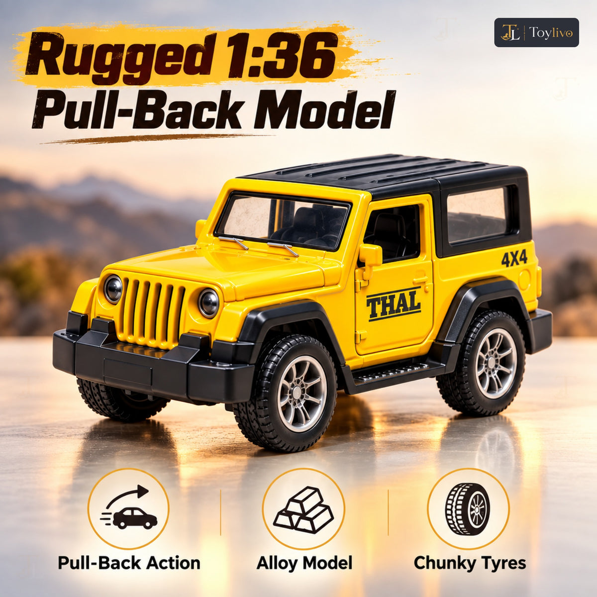 1:36 die-cast pull-back off-road model – yellow – Benefits