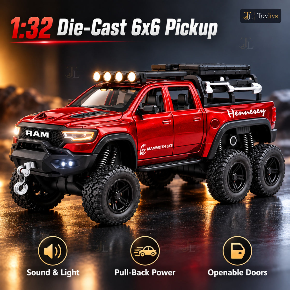 1:32 die-cast 6x6 off-road pickup truck model – features