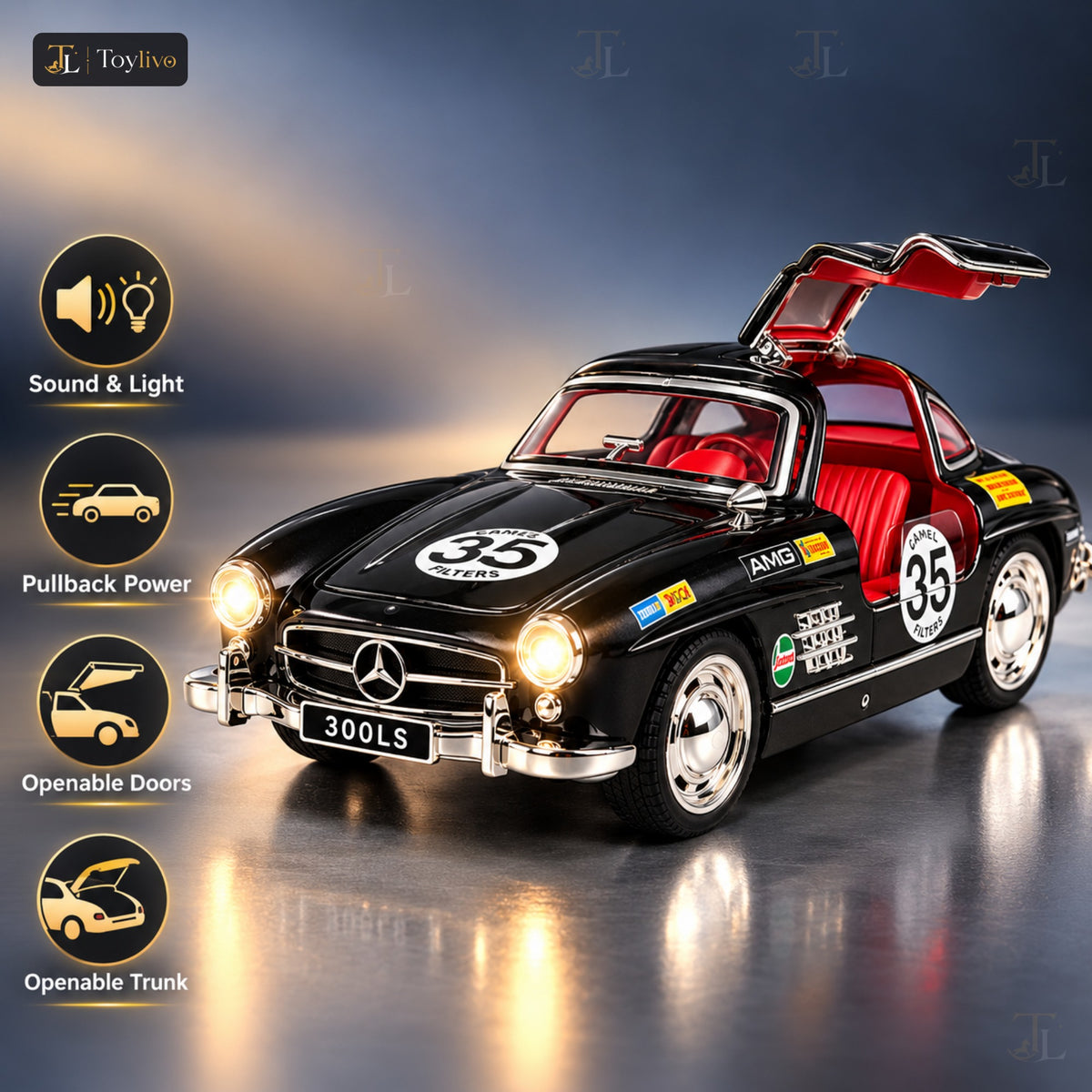1:32 die-cast 300SL classic racing car model – features