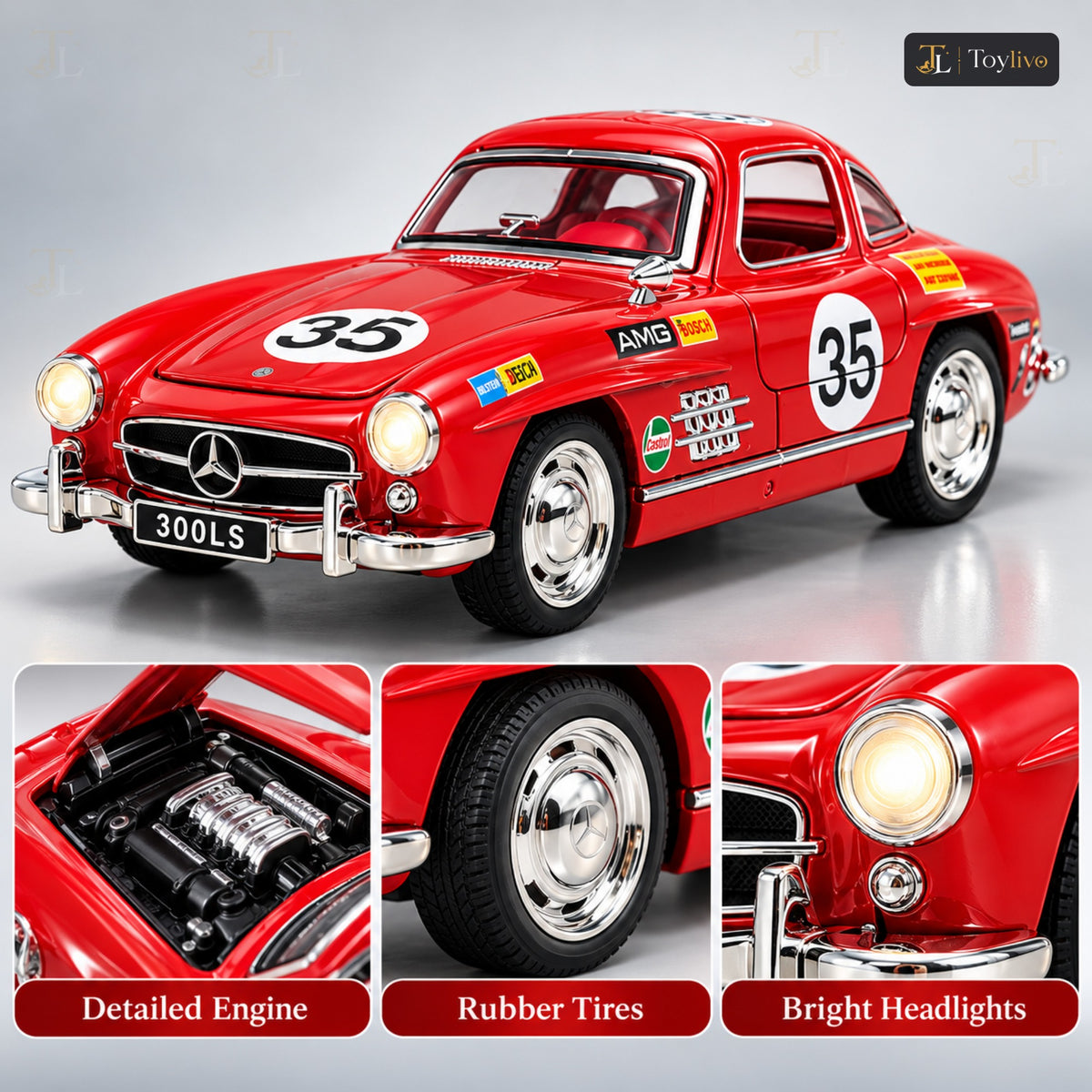 1:32 die-cast 300SL classic racing car model – features