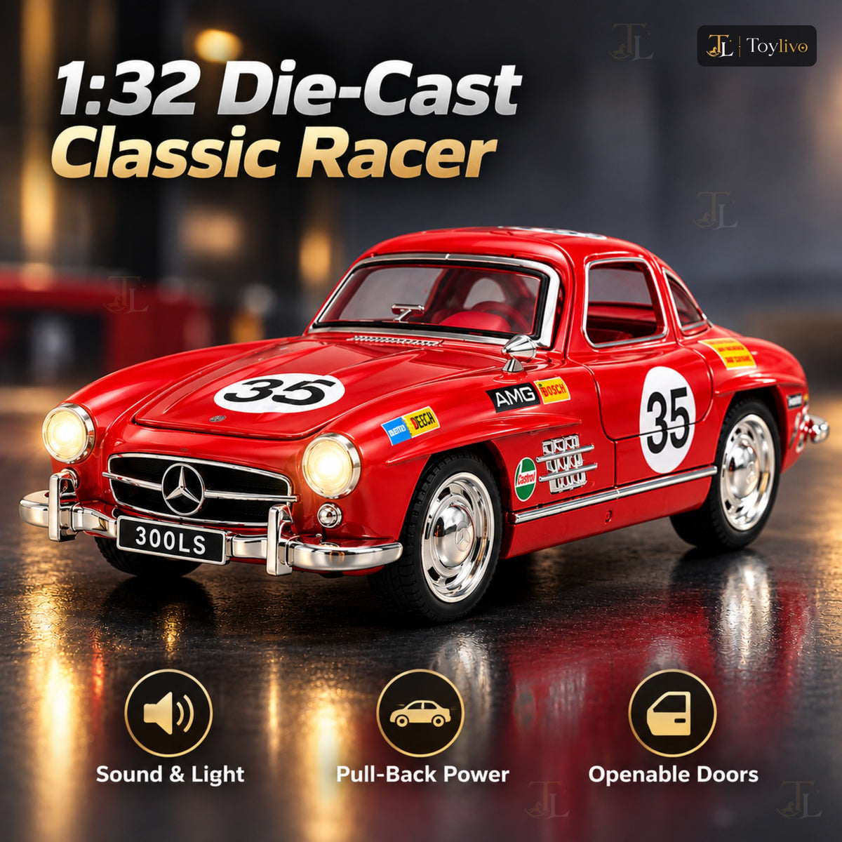 1:32 die-cast 300SL classic racing car model – features