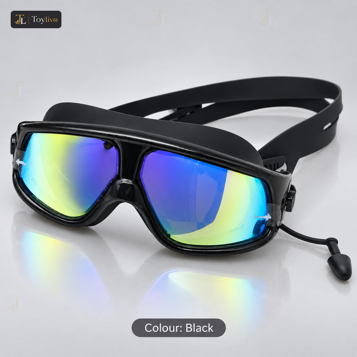 Wide View Mirror Swimming Goggles with Case – black
