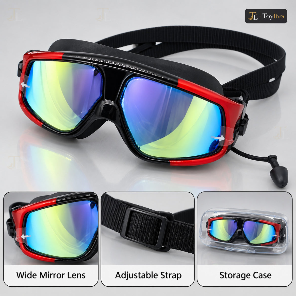 Wide View Mirror Swimming Goggles with Case – features