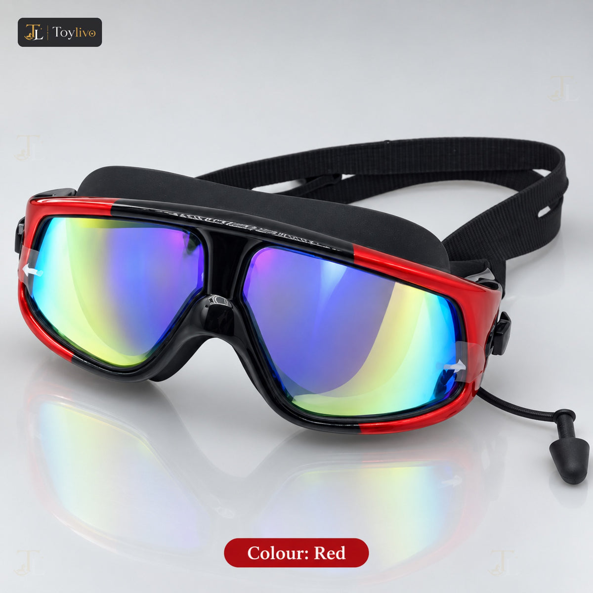Wide View Mirror Swimming Goggles with Case – red