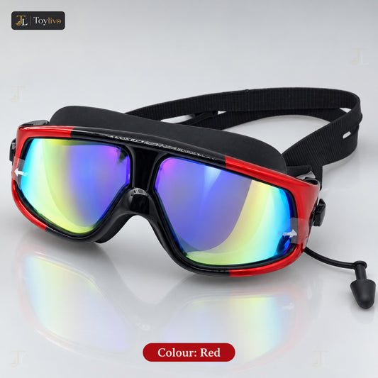 Wide View Mirror Swimming Goggles with Case – red