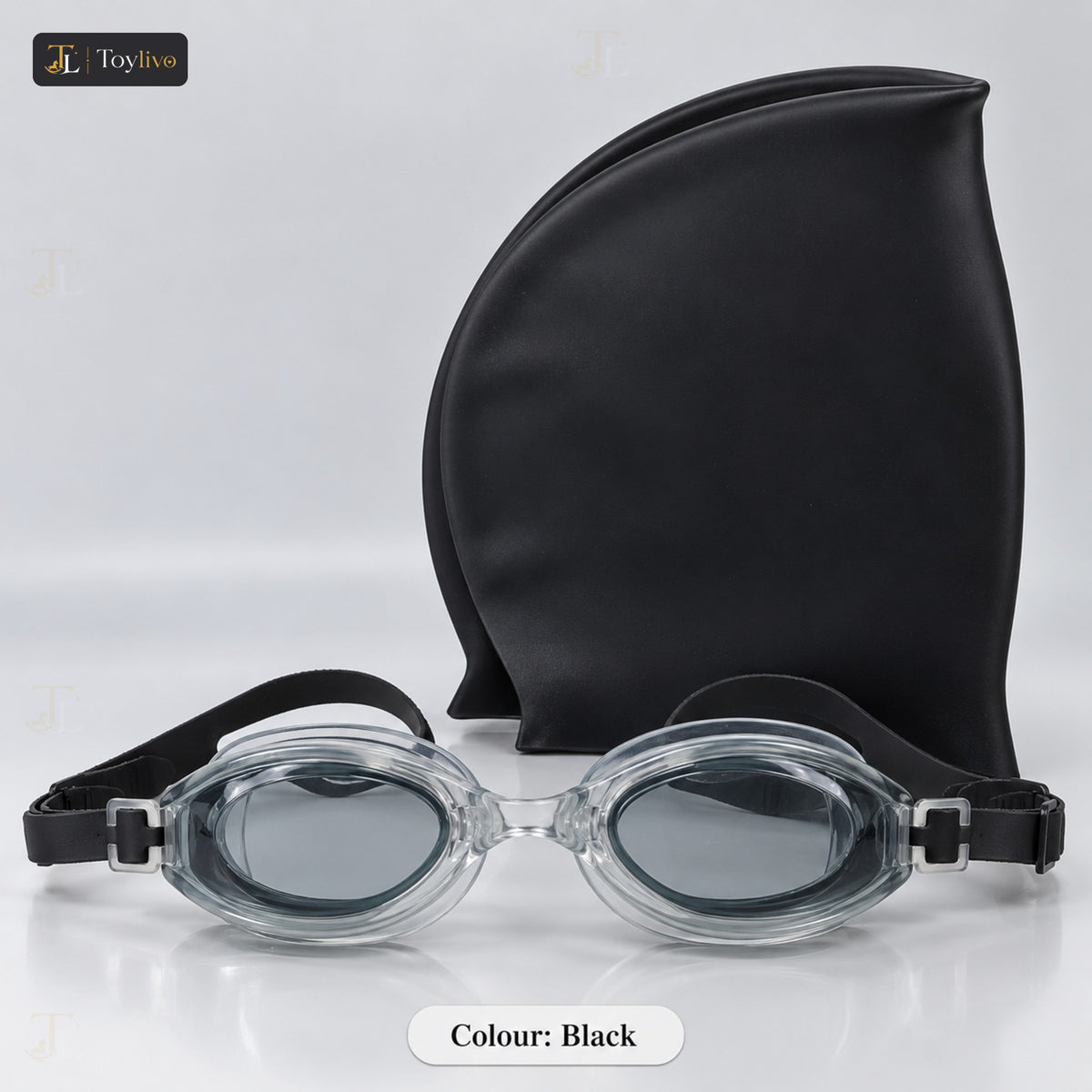 Silicone Swim Cap & Goggles Set – black