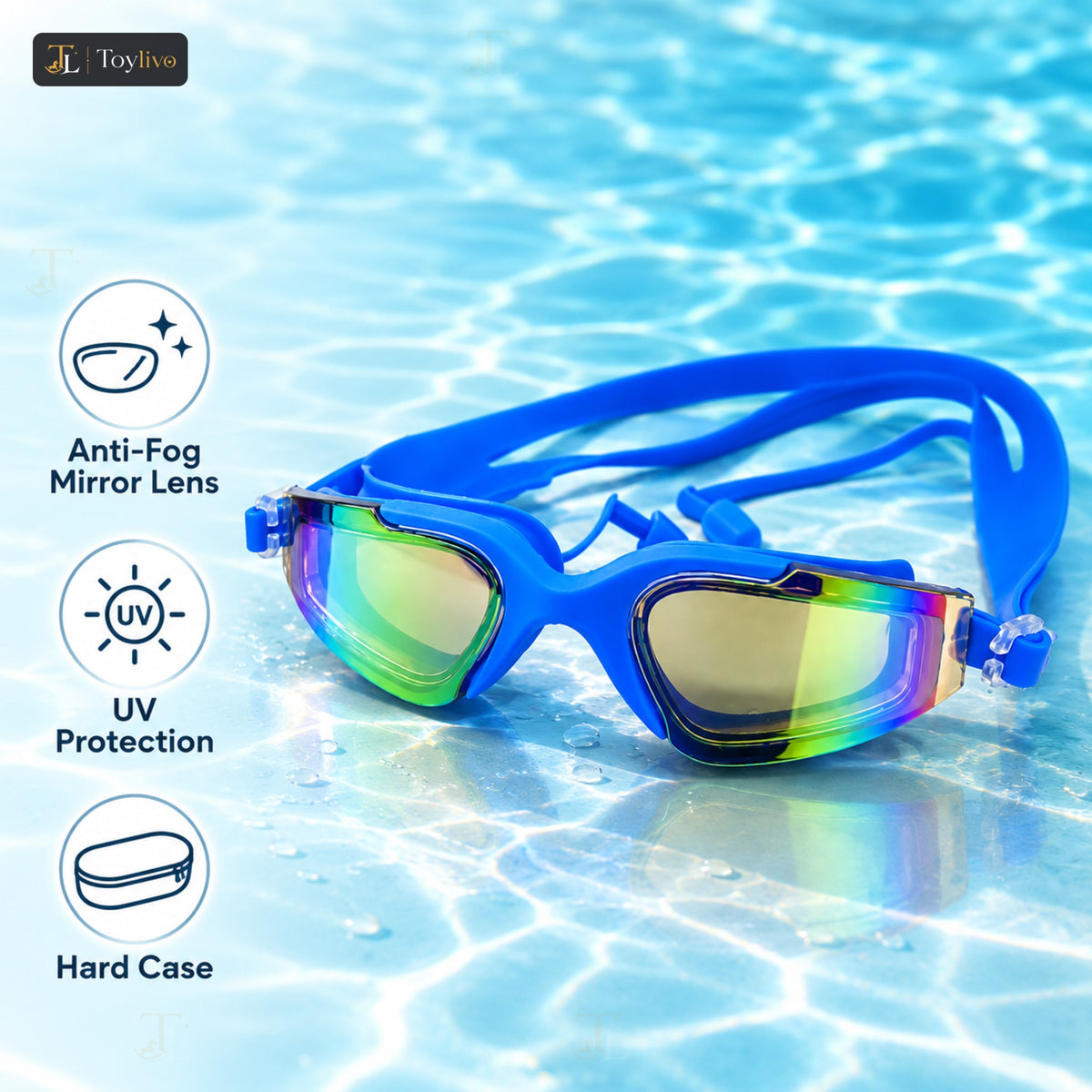 Mirror Coated Swimming Goggles with Hard Case – features