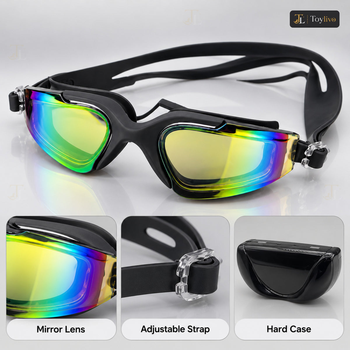 Mirror Coated Swimming Goggles with Hard Case – features