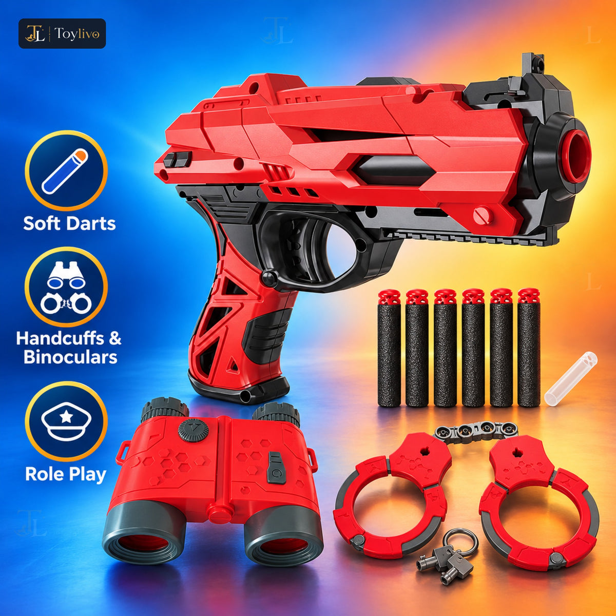 Police Toy Gun Set with Handcuffs & Binoculars – features