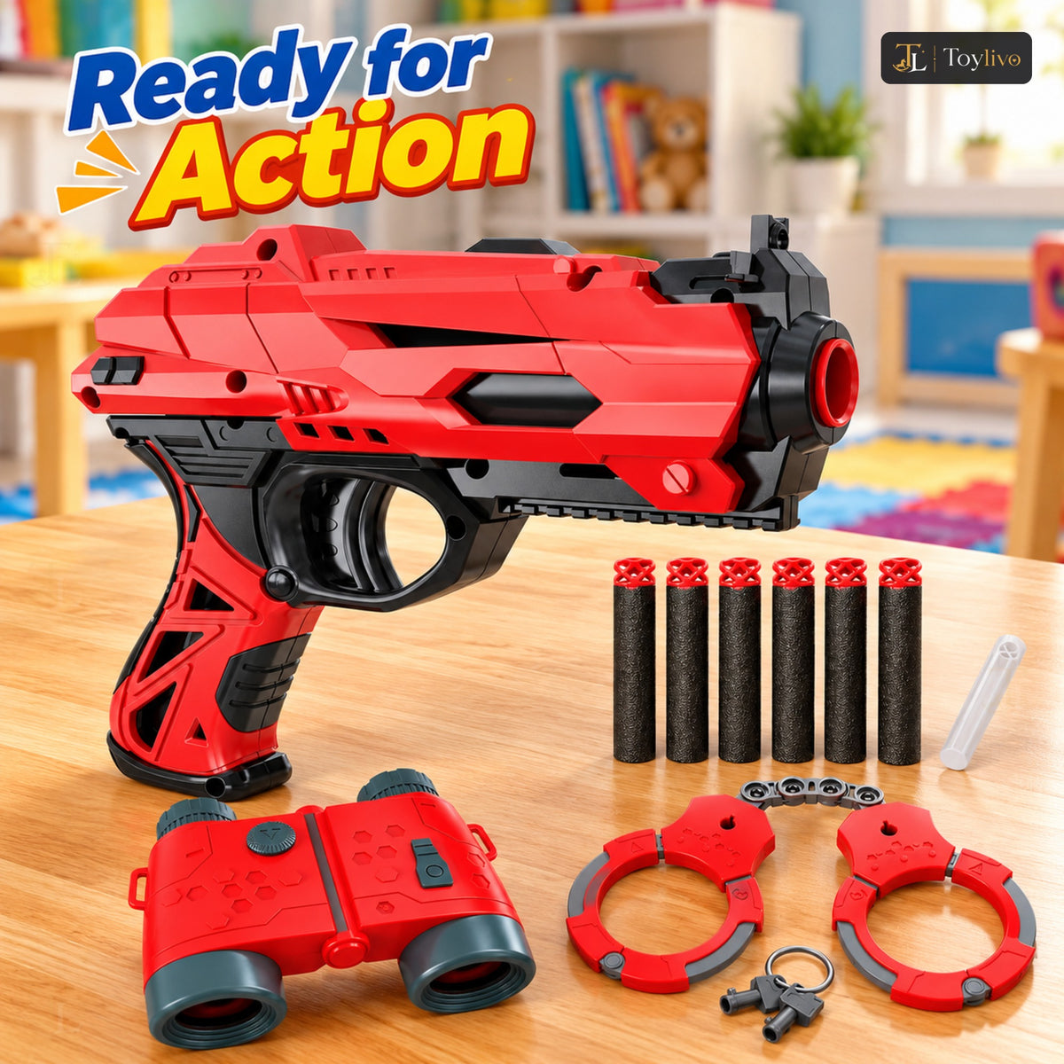 Police Toy Gun Set with Handcuffs & Binoculars – features