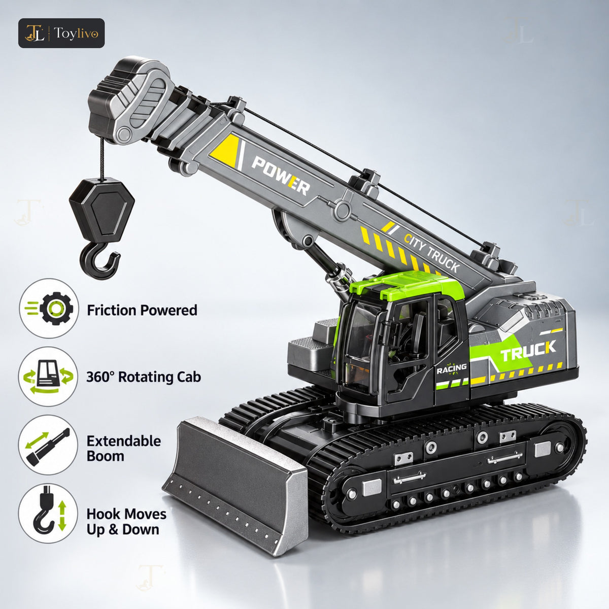 Friction Powered Crawler Crane Toy – features