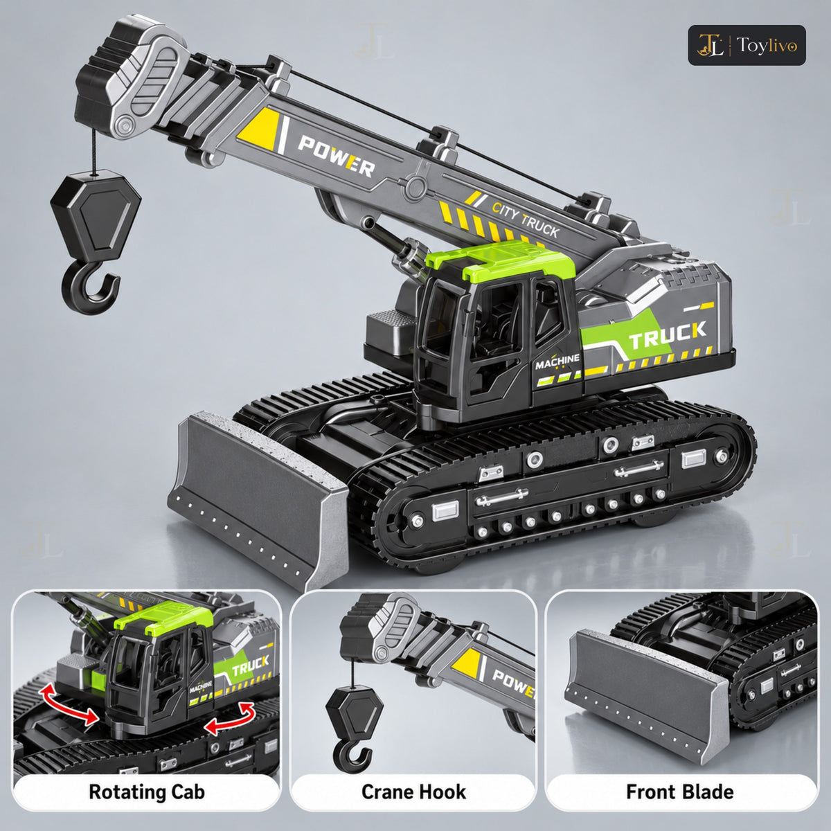 Friction Powered Crawler Crane Toy – features