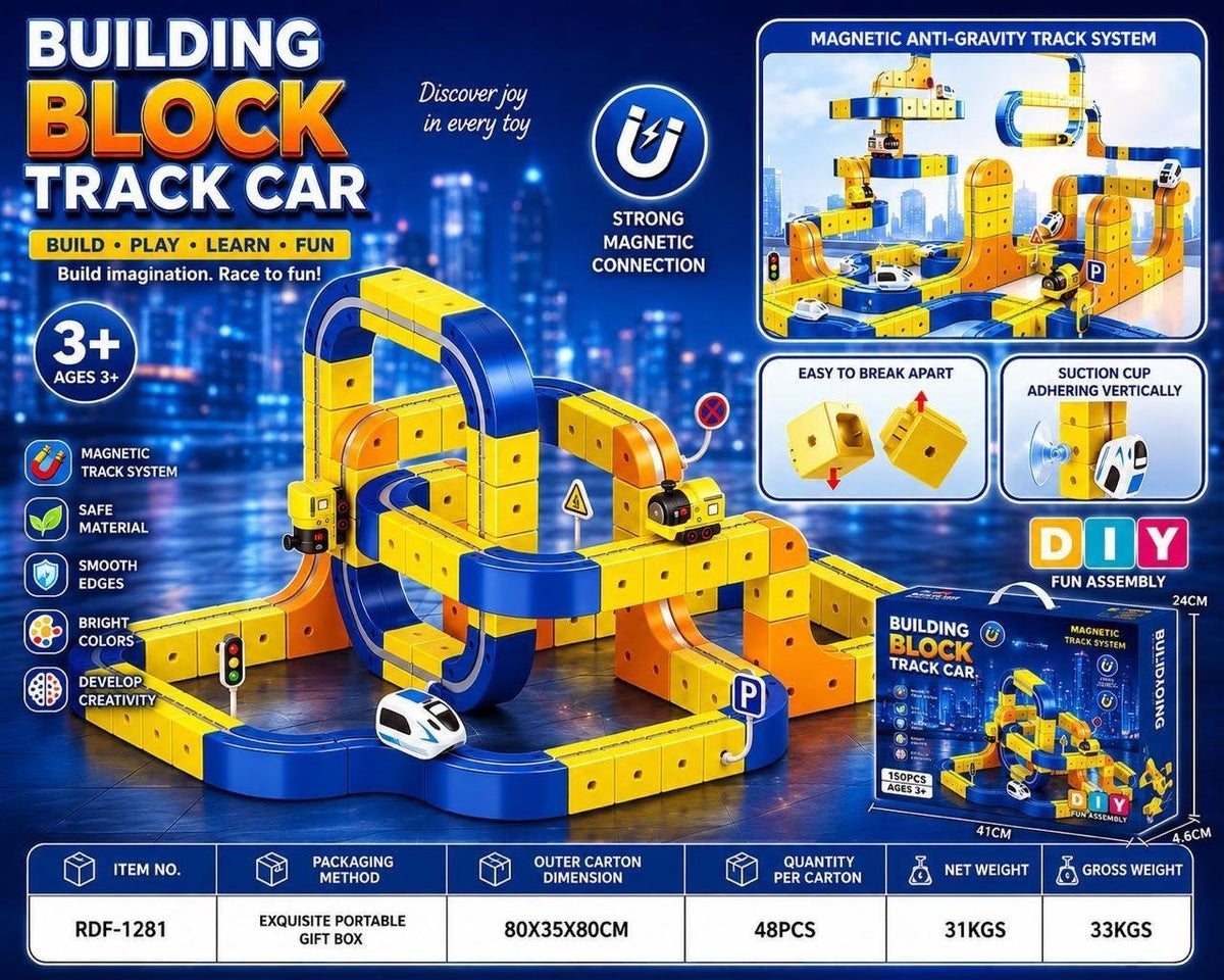 Building Block Track Car Set with Magnetic Connectors