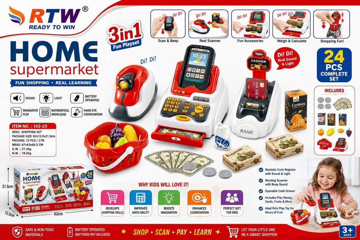 3-in-1 Home Supermarket Cash Register Play Set (24 Pcs)