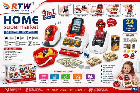 3-in-1 Home Supermarket Cash Register Play Set (24 Pcs)