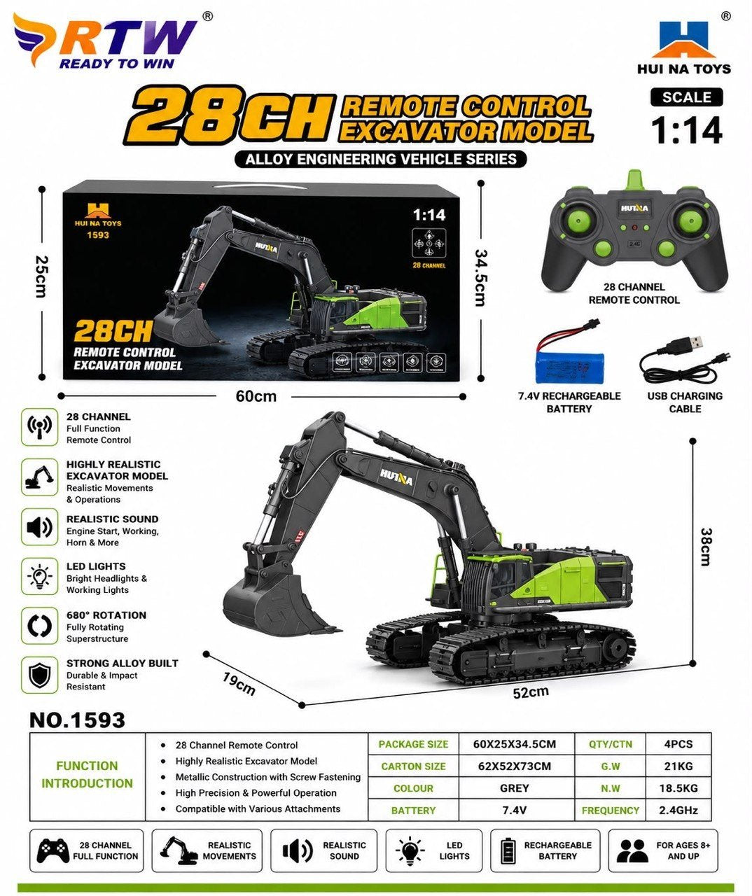 1:14 28CH RC Excavator Model (Alloy)