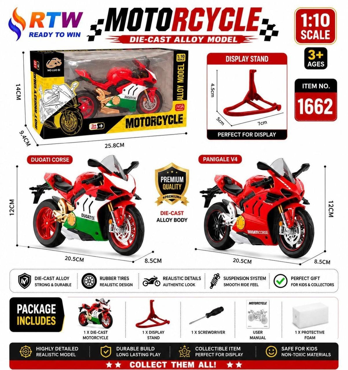 1:10 Die-Cast Racing Superbike Model with Display Stand