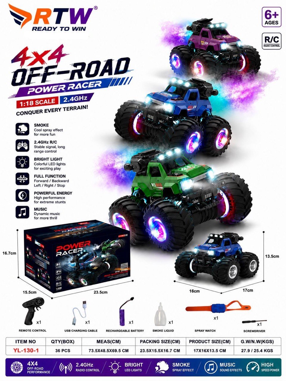 1:18 RC 4x4 Off-Road Power Racer with Smoke & Lights