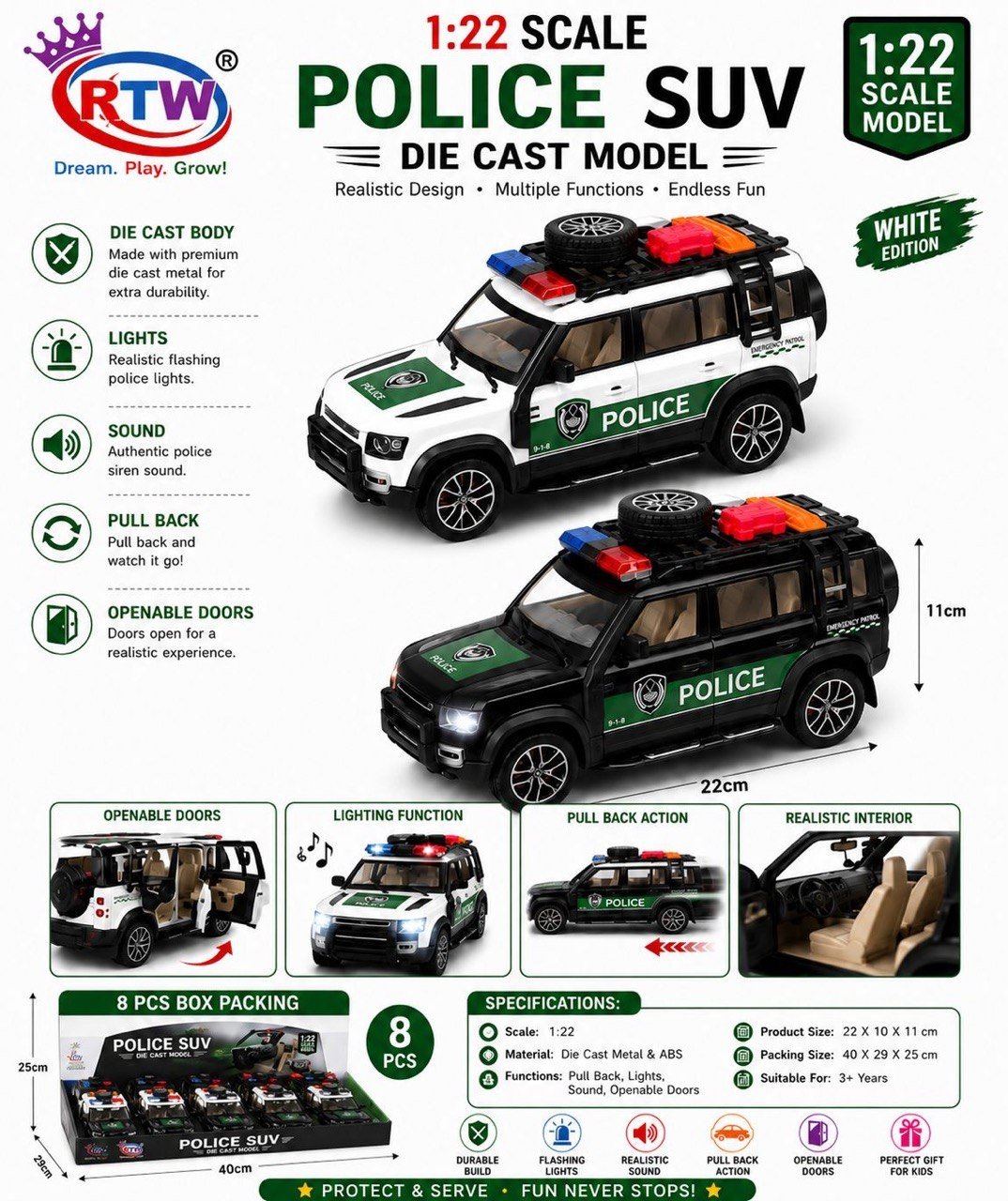 1:22 Die-Cast Police SUV Model with Light & Sound