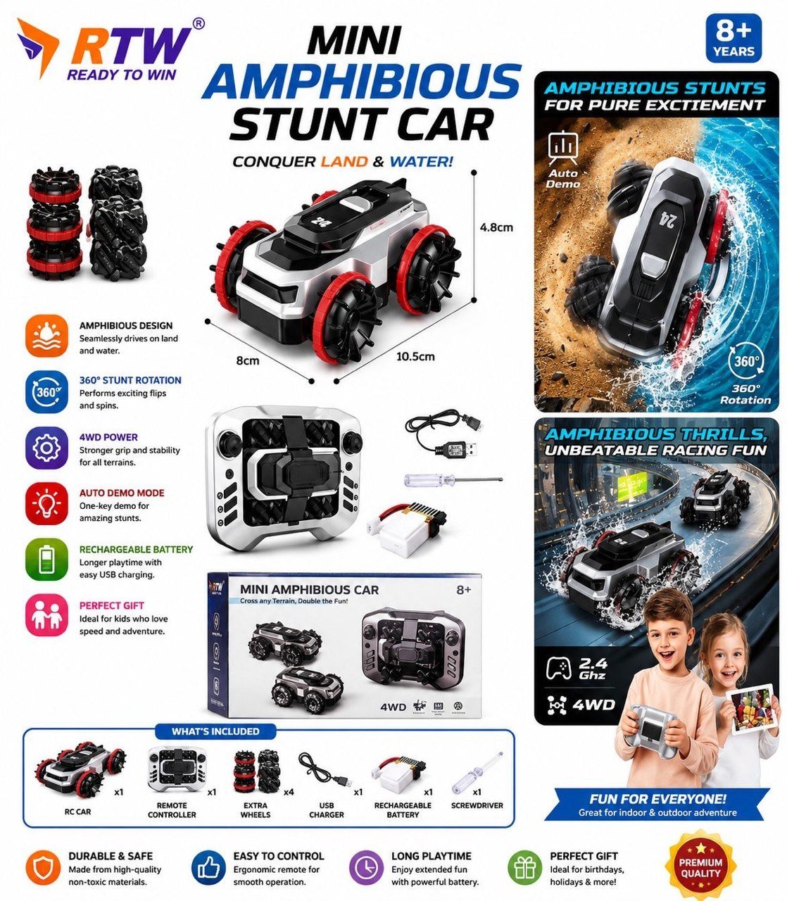 RC Mini Amphibious Stunt Car (Land & Water)