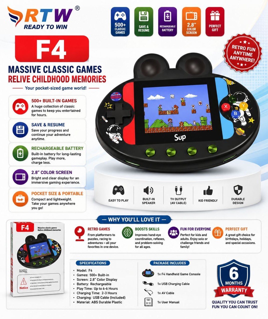 F4 Handheld Game Console with 500+ Classic Games