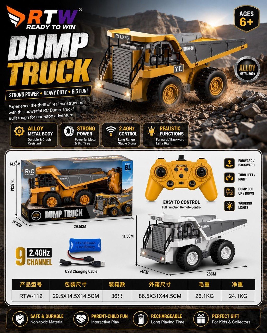 2.4GHz 9CH RC Alloy Dump Truck