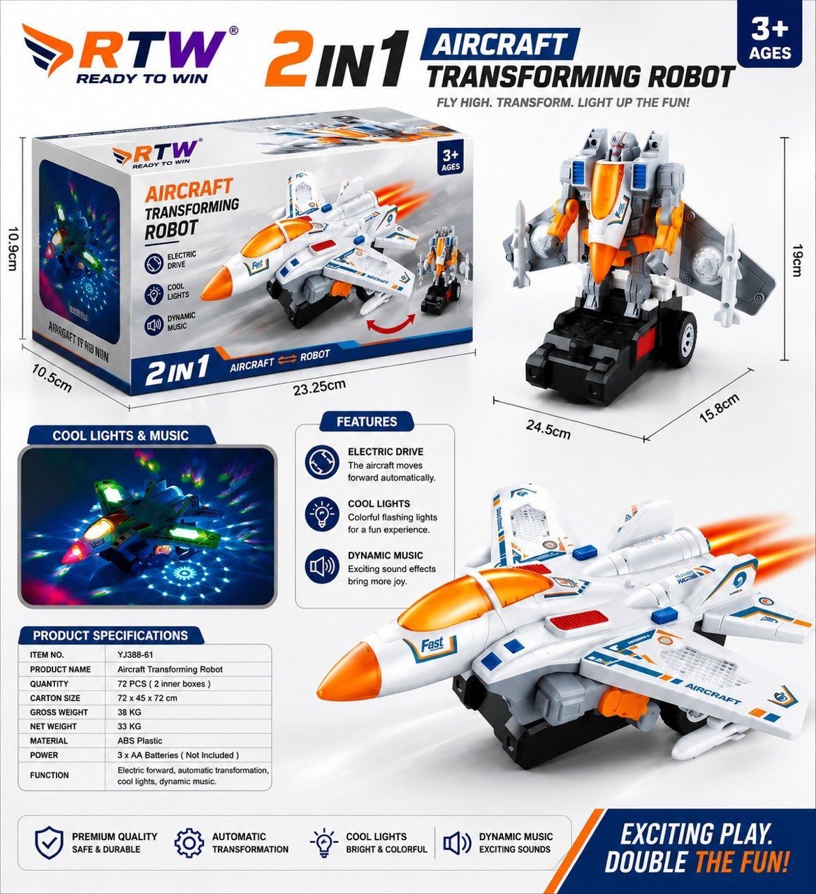 2-in-1 Aircraft Transforming Robot with Lights & Music