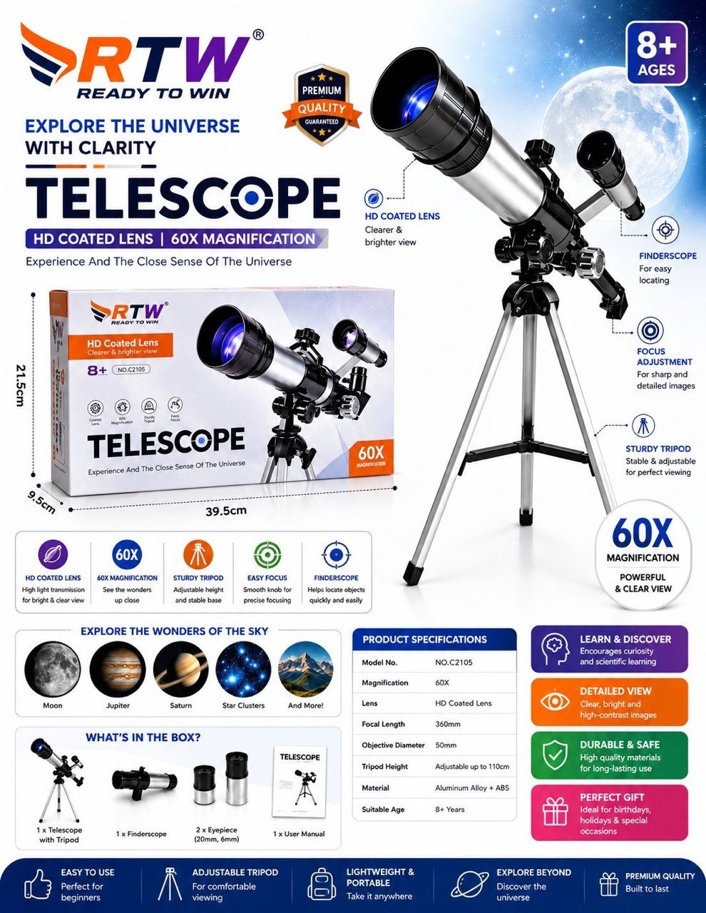 60x Astronomical Telescope for Kids