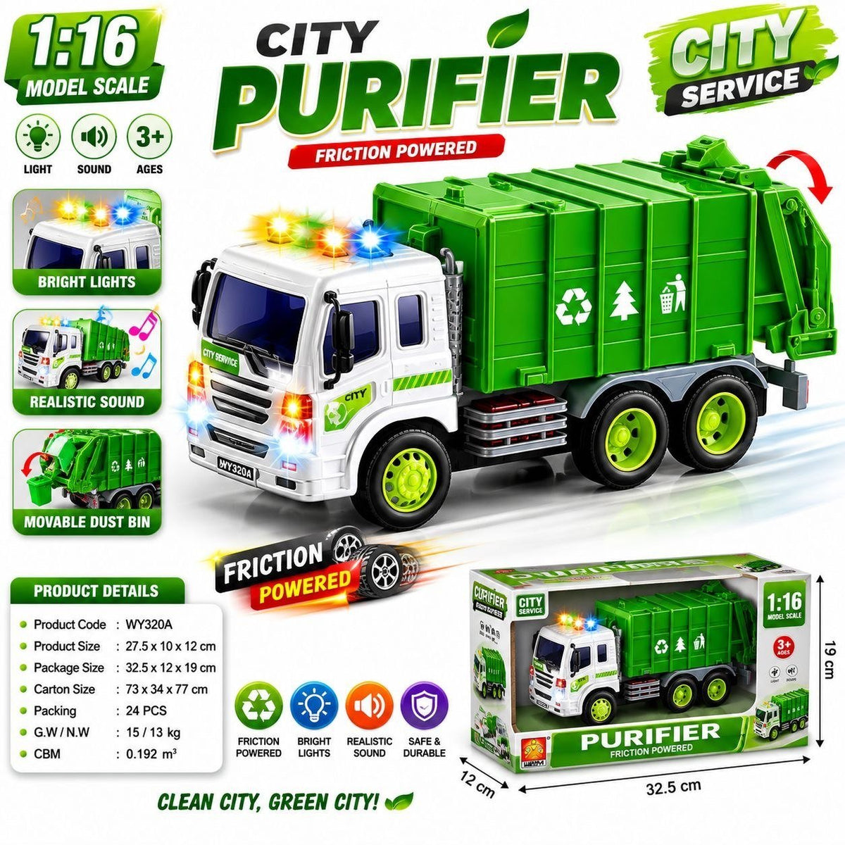 1:16 City Purifier Garbage Truck with Light & Sound