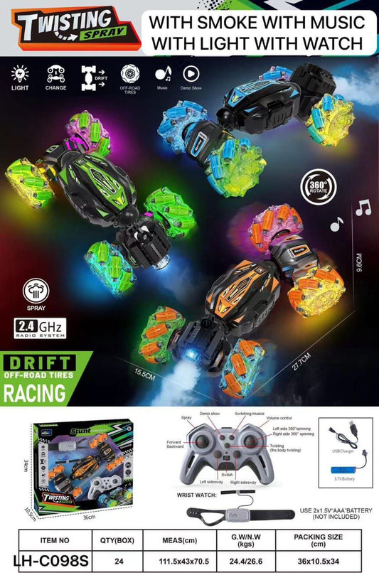 RC Drift Stunt Car with Smoke, Music, Lights & Watch